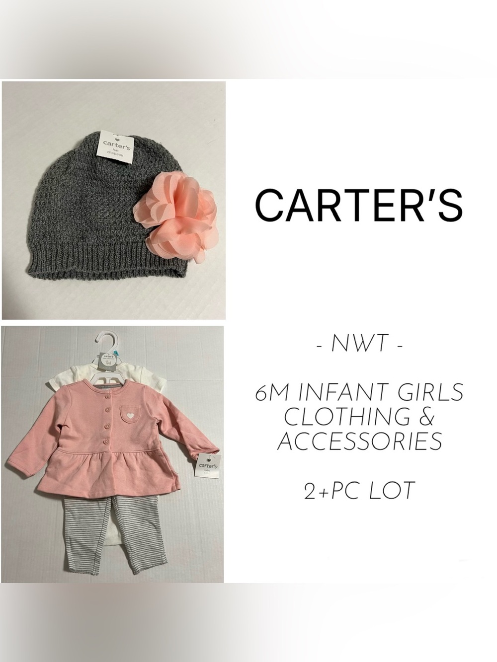 CARTER’S - 6M - NWT - 2+PCS - INFANT GIRLS HEART CARDIGAN OUTFIT AND HAT LOT